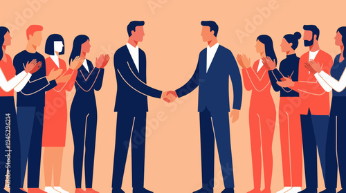 Business handshake celebration captured as two men exchange firm hands amid a cheering crowd in a warm peach backdrop