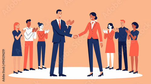 Dynamic Business Handshake Illustration of Two Professionals in Vibrant Orange Setting