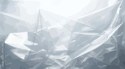 Crinkled plastic sheet with folds and creases in shades of gray and white