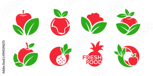 Fresh food and fruit logo set featuring colorful apples, berries, and natural elements for vibrant and clean branding.