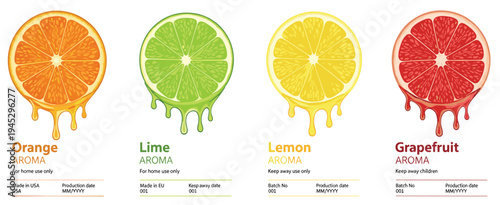 Citrus Aroma Labels Set Featuring Orange, Lime, Lemon, and Grapefruit with Dripping Juice for Fresh and Zesty Designs