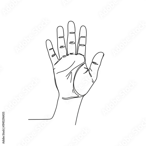 A minimalist line art illustration of a human hand with palm facing forward and fingers extended