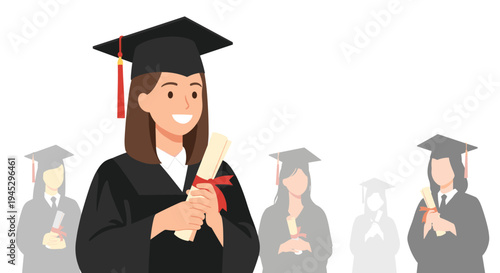A female graduate holds a diploma with blurred graduates in the background.