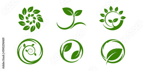 Green leaf eco logo set with circular nature symbols and sprout icons. Modern vector collection for organic, sustainability and environmental branding