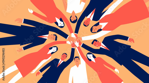 Eight People in a Colorful Circle with Arms Raised, Blue and Orange Attire Against Warm Orange Background