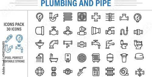 Plumbing and Pipe System Outline Vector Icon Set — Water Valve, Faucet, Meter, Drainage and Pipe Fittings Editable Stroke Icons