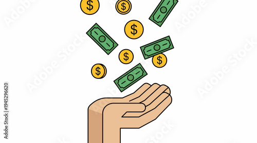 Cartoon illustration of hand catching floating money bills and coins in a bright white background for Business