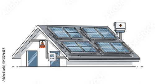 A house with a grey gabled roof is equipped with six solar panels connected to an inverter.