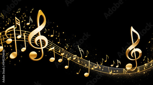 Golden music notes on black background. Musical notes floating on staff. Glowing music symbols. Sparkling particles around. Dark background with shining notes. Wave of music with sparkles.