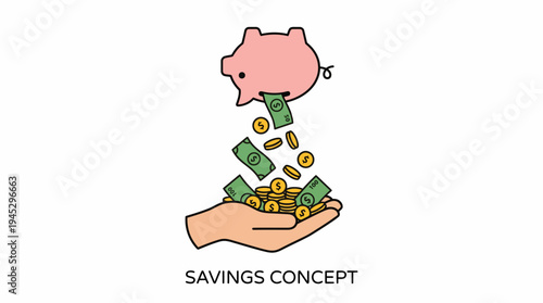 Cartoon Hand Pours Money into Piggy Bank on White Background
