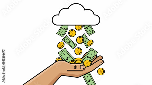 Business Hand Sees Money Rain From Cloud, Coins and Bills Showering in a Cheerful Cartoon Scene