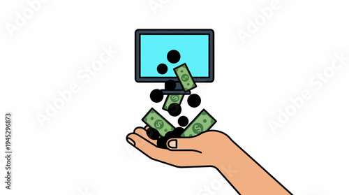 Cartoon hand reaching for digital money falling from a computer monitor at center-right, illustrating earning via online activity