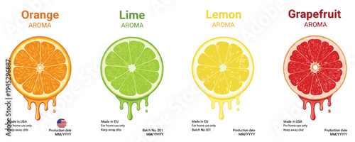 Citrus Aroma Labels Set Featuring Orange, Lime, Lemon, and Grapefruit with Dripping Juice for Fresh and Zesty Designs