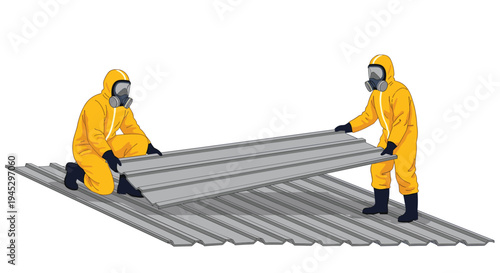 Two workers in yellow hazmat suits and gas masks carefully handle a corrugated metal sheet on a roof.