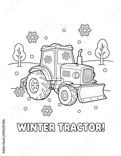 Vector illustration of a winter tractor with snowflakes