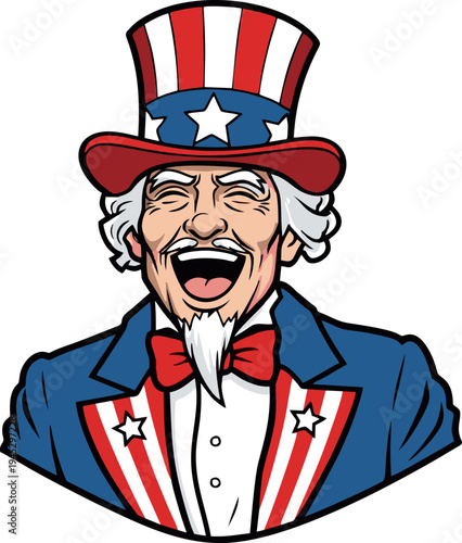 Happy Uncle Sam Cartoon Character Laughing with Open Mouth in Patriotic Red White and Blue Suit