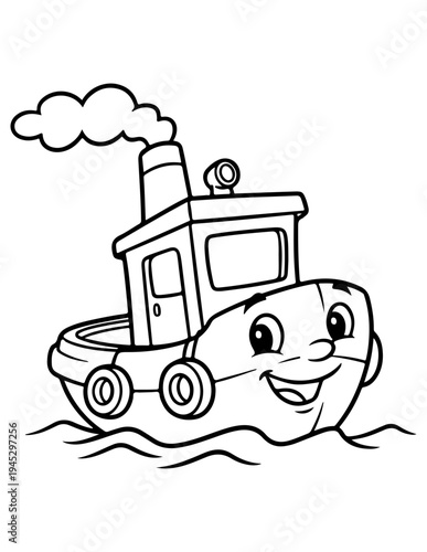 Vector cartoon tugboat illustration with smiling face