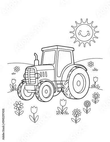 Vector tractor illustration with flowers and sun