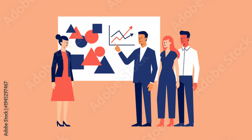 Cartoon presentation with four people on orange background, standing before a whiteboard in a business meeting setting