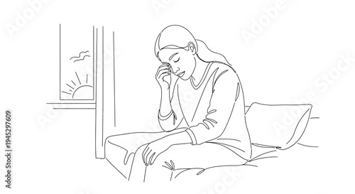 Vector illustration of a woman sitting by a window looking stressed or worried isolated on White Background