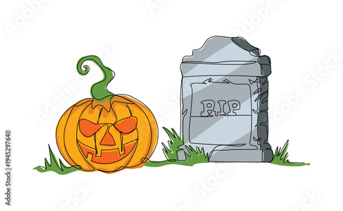Continuous line sketch drawing of spooky horror scary smiling pumpkin jack o lantern at gravestone grave cemetery memorial halloween concept one single line art vector illustration editable stroke