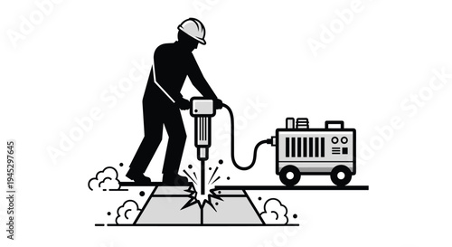 A worker silhouette operates a jackhammer on a paved surface, connected to a portable generator.