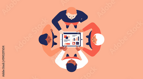 Four People Working with a Laptop Amid Peach Background
