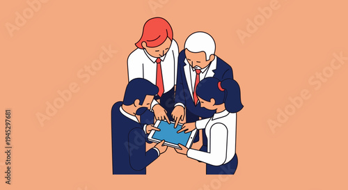 Family gathers around baby in cartoon illustration, holding blanket, ties and shirts on peach backdrop