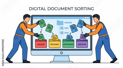 Two Men Sorting Digital Files and Folders on a Computer Monitor in a Bright White Workspace
