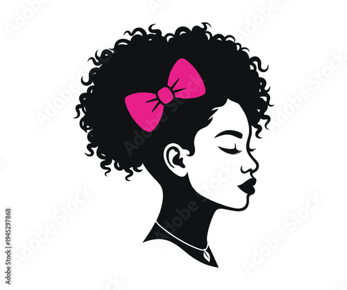African american woman curly hair pink bow vector illustration graphic design element