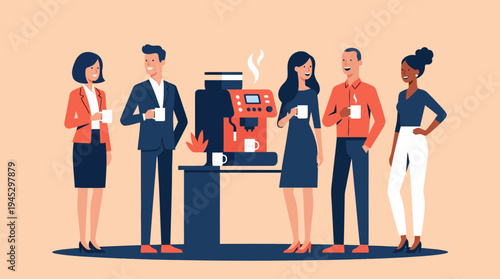 Teamwork in a casual office coffee gathering, illustration in a bright, friendly cartoon view of people around a machine