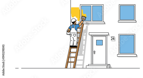 A single male painter on a wooden ladder applies yellow paint to a white building's exterior wall.