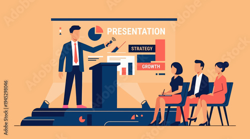 Vibrant Cartoon Presenter Engages Audience on Colorful Stage with Interactive Screen