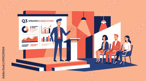 Speaker at Podium Addresses Audience with Graphs on Screen in Vibrant Office Setting