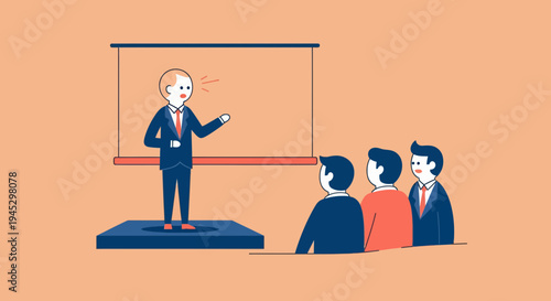 Dynamic Presenter Speaks to Audience Before Projector Screen on Dark Blue Platform with Jacket