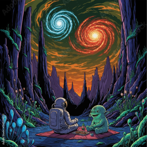 Astronaut and Alien Sitting Together in Cave.