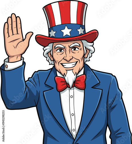 Smiling Uncle Sam Waving Hand Representing American Patriotism and Usa