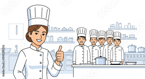 A smiling female chef gives a thumbs-up in the foreground with four male chefs behind her.