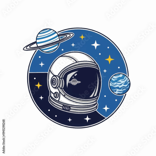 Astronaut Helmet in Space Scene Illustration.