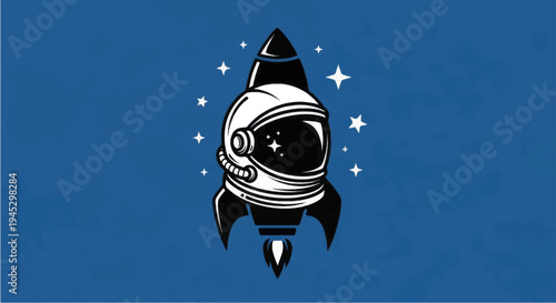 Astronaut Helmet on Rocket Ship Illustration.