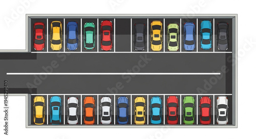 Aerial View of a Packed Parking Lot Filled with Colorful Cars.