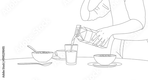 Vector illustration of person pouring water into glass with cups and bowls on table isolated on White Background