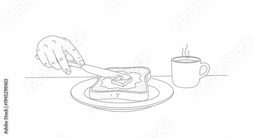 Vector illustration of hand spreading butter on toast with coffee isolated on White Background