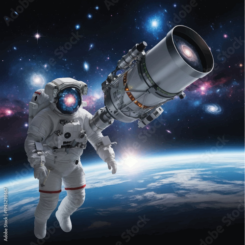 Astronaut in Space Suit Floating Near Telescope.