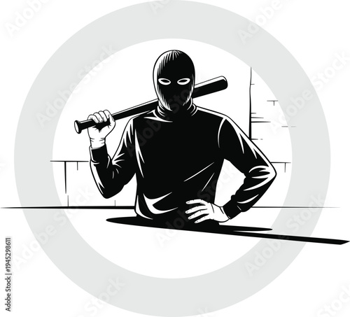 Black and white vector illustration of masked person wearing balaclava holding baseball bat in urban street scene, symbolizing anonymity, intimidation, crime, danger, and mystery