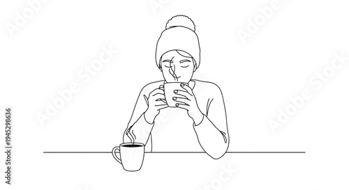 Vector illustration of a woman in a beanie drinking coffee isolated on White Background