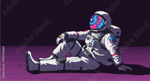 Astronaut in White Space Suit Sitting Down.