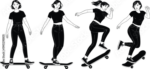 Black silhouette vector illustration of four stages of skateboard trick motion, symbolizing sport, youth culture, balance, dynamic movement, extreme activity, and urban lifestyle
