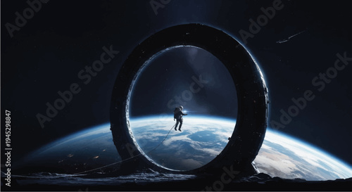 Astronaut Standing Inside Large Space Ring Structure.