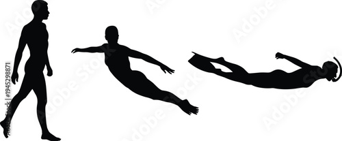 Black silhouette vector illustration of person transitioning from walking to diving and swimming with snorkel and fins, symbolizing recreation, water sport, adventure, and fitness